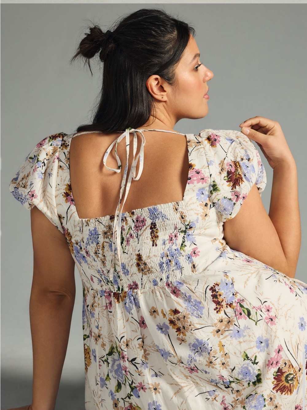 Anthropologie Floral Tiered Puff-Sleeve Midi Dress - White Size S - Picture 6 of 12